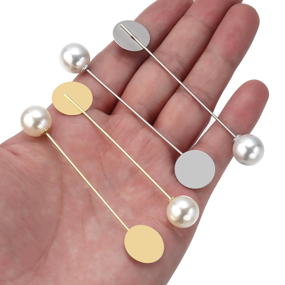 10pcs 15mm Imitation Pearl Long Brooch Pin Base Gold Rhodium Blank Tray Bezels Brooches For DIY Clothing Jewelry Decor Supplies