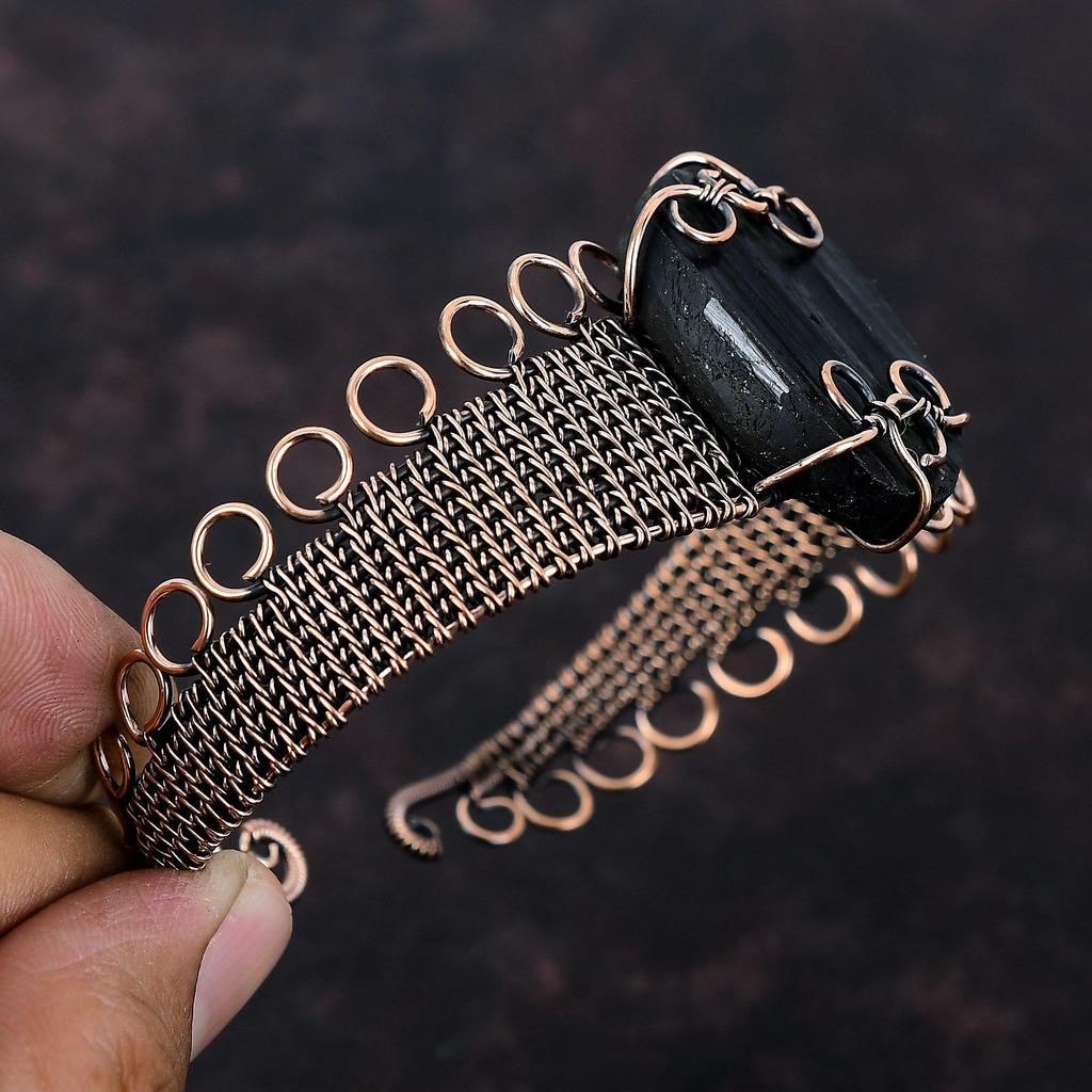 Black Tourmaline Rough Cuff Bracelet Copper Wire Wrapped Bangle Gemstone Adjustable Cuff Handmade Jewelry Gift For Women Copper Wire Jewelry