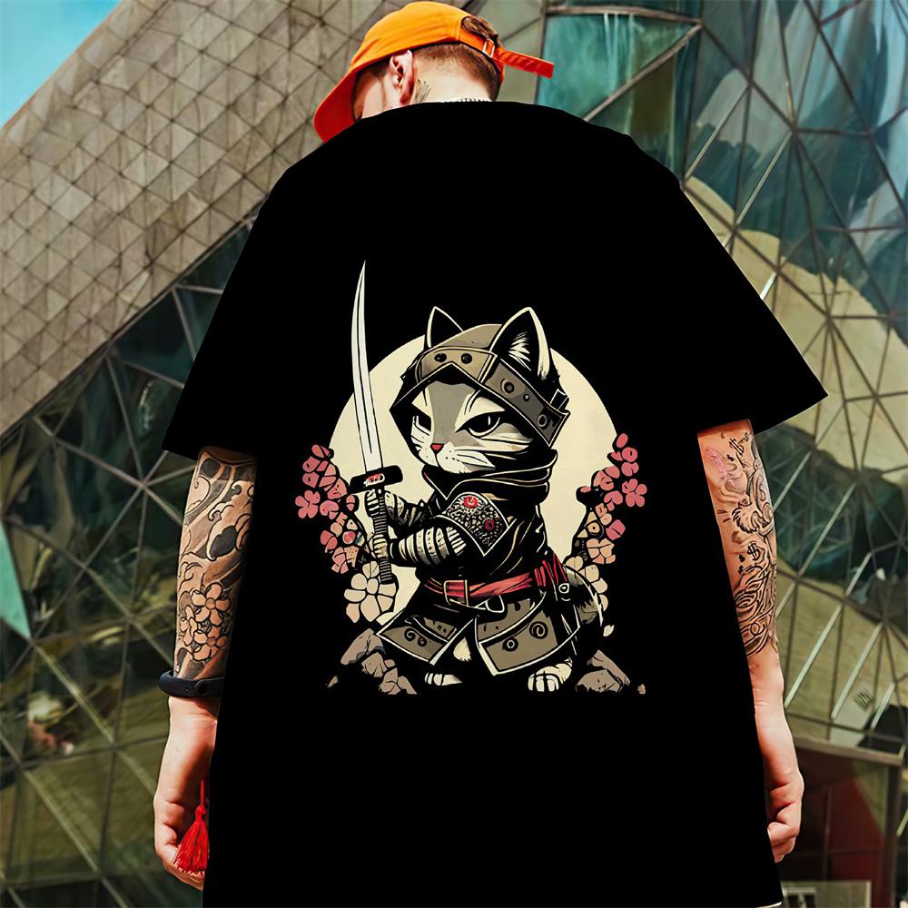 New Men's T-Shirt 3d Samurai Cat Short Sleeve T-Shirt 2024 Summer Quick Drying Casual Tees Tops Casual Oversized T-Shirt For Men