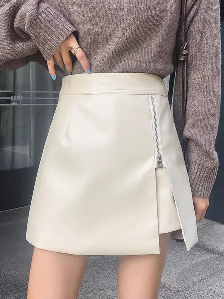 Falda Slimming de Cuero PU de Cintura Alta Otoño/Invierno 2023 - Cadera Irregular, Moda Coreana Línea A