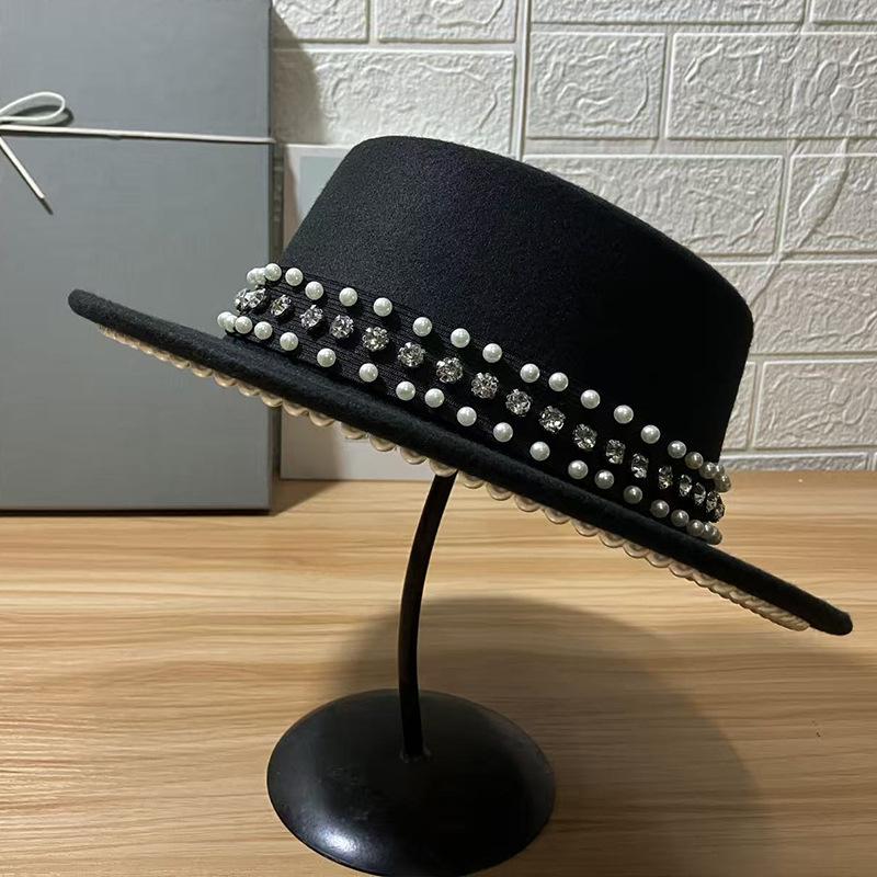 European beautiful woman new autumn and winter imitation woolen hat big brim jazz top hat men's flat top shape British pearl rhinestone felt hat