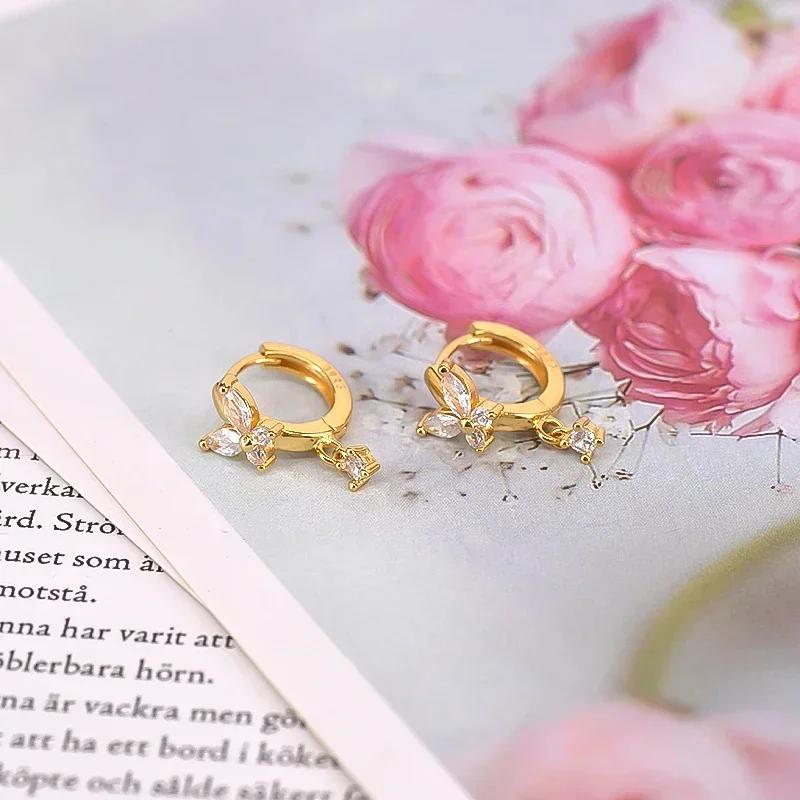 925 Silver Ear Needle White Zircon Butterfly/Water Drop Hoop Earrings Drop Earrings For Women Fashion Wedding Jewelry