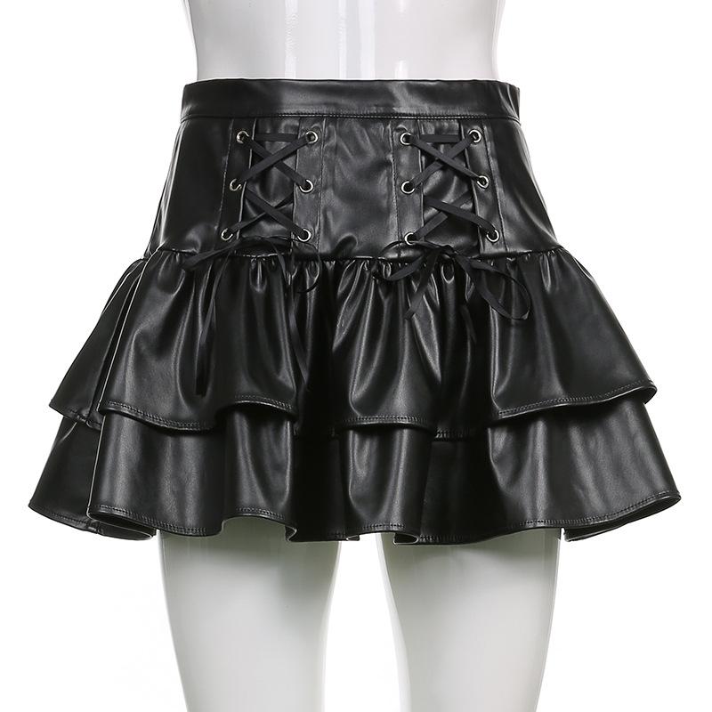 Minifalda gótica Punk de cuero PU para mujer, Falda plisada negra con cintura alta y cordones, ropa de calle, falda Lolita para chicas