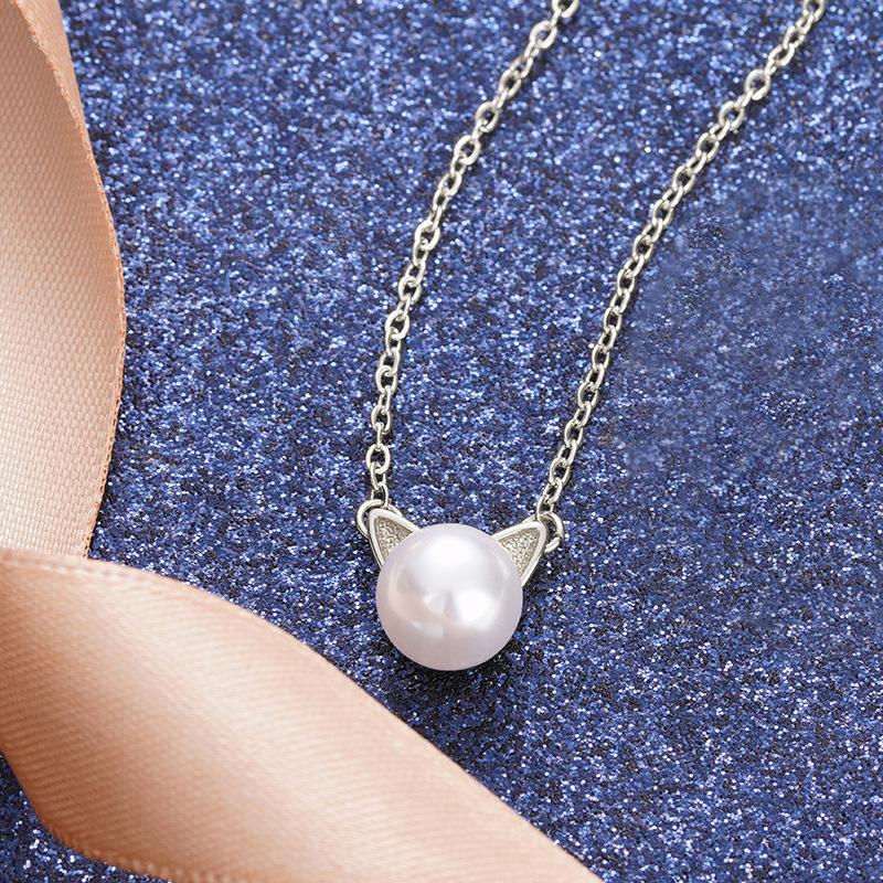 Kitten Ear Jewelry, Necklace Stud Earrings Jewelry Set, Cute Imitation Pearl Stud Earrings.