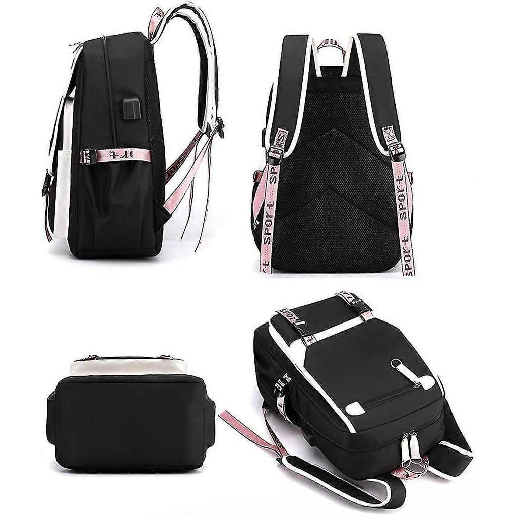 Teenage Girls' Backpack Middle School Students Bookbag Outdoor Daypack With Usb Charge Port, Black Pink