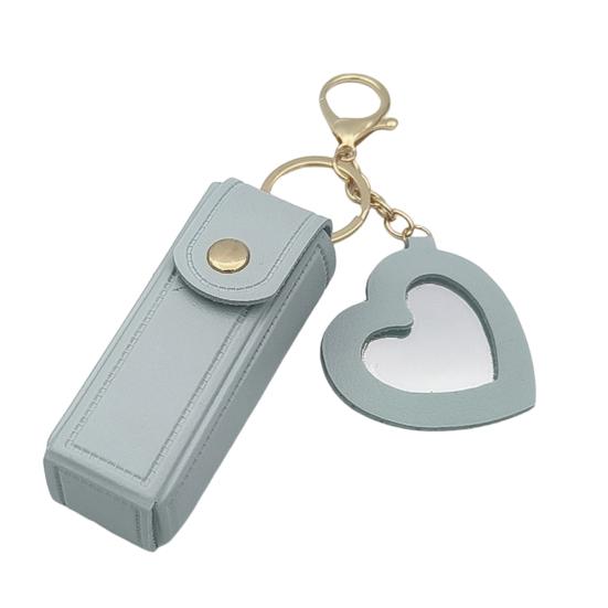 Keychain Lipstick Bag Love Mirror Protective Faux Leather Case Portable Keyring
