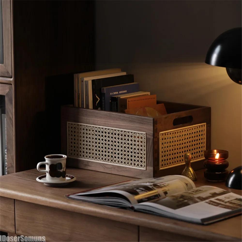 Kitchen Desktop Solid Wood Storage Box Retro Rattan Basket Book Snacks Cosmetics Organizer Home Appliance Luxury