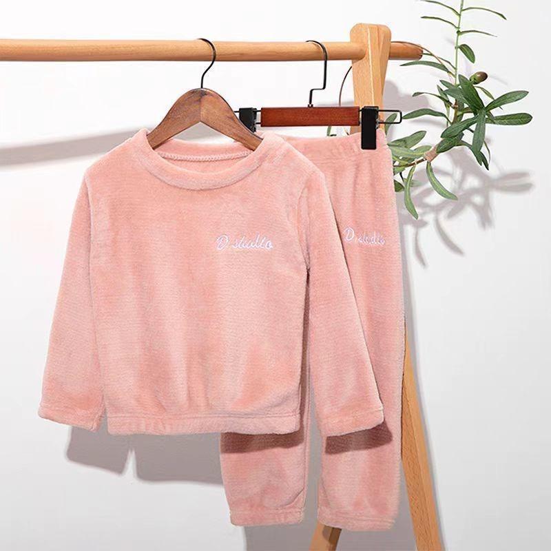 Kids Pullover Flannel Fleece Pajama Set, Thick Coral Velvet Warm Home Wear For Boys Girls, Autumn Winter Loungewear For Older Children