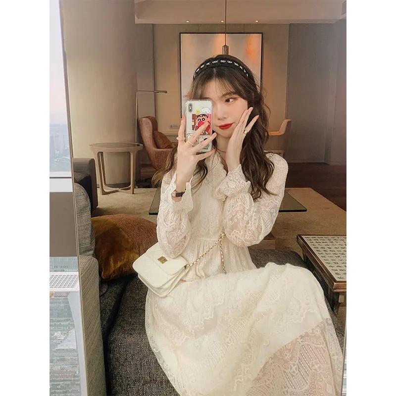 Danmo French Style Dress Women's Spring Autumn Lace Sleeve Slimming Belly-Covering Long Dress