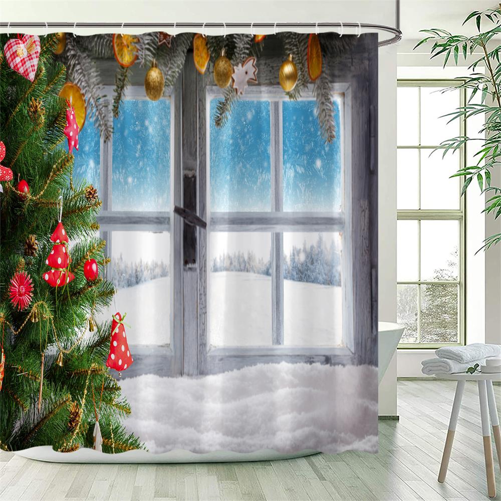 Christmas Gingerbread Man Snow Shower Curtains Set ,Colorful Xmas Balls Polyester Fabric Winter Xmas Tree Bathroom Curtain Decor