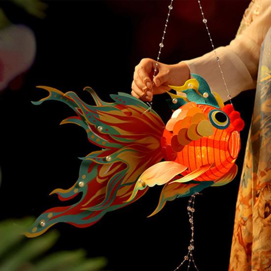 1 Set Goldfish Paper Lantern with Pole Battery Operated DIY Handmade Chinese New Year Mid-Autumn Festival Fish Night Light Material Bag Children Gift