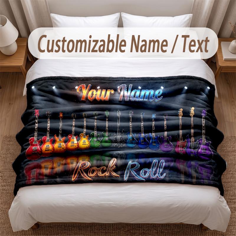 Music Guitar Theme Soft Blanket Personalized Custom Name Text Print Warm Blanket Home Sofa Bedroom Decor
