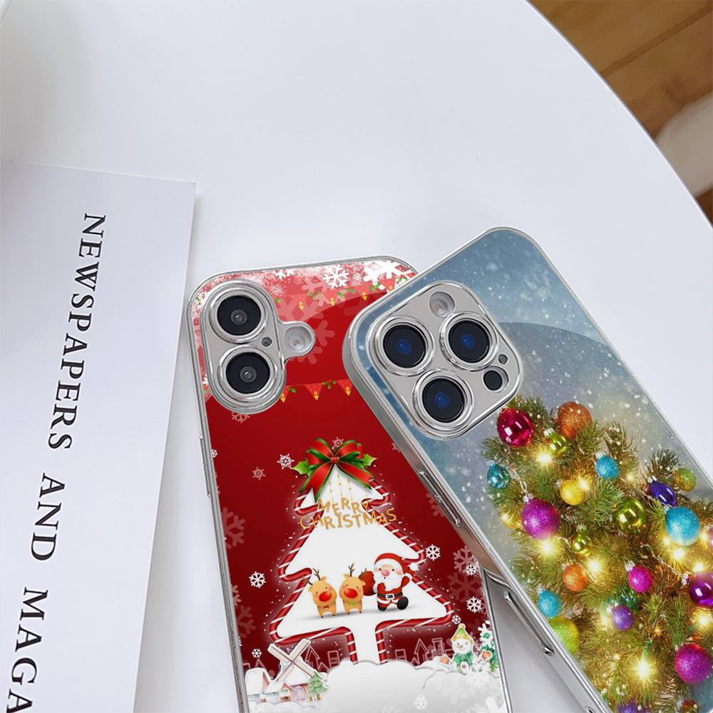 Ae114 Merry Christmas Christmas Tree Art Electroplated Glass Phone Cases for Samsung S25 Ultra iPhone 16 Xiaomi Redmi Lens Full Protection Back Cover
