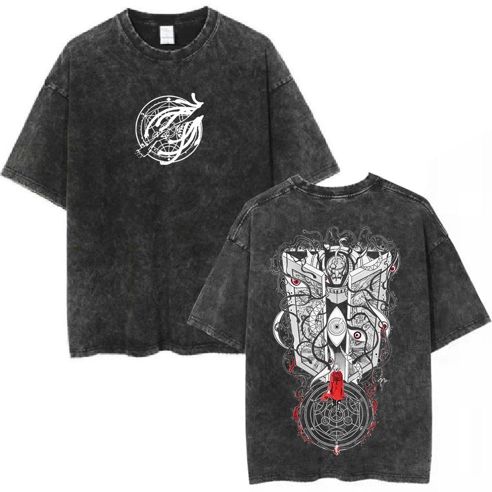 Vintage Washed Anime Fullmetal Alchemist Edward Elric Alphonse Elric TShirt Men Women Fashion Casual Cotton Oversized Tshirts