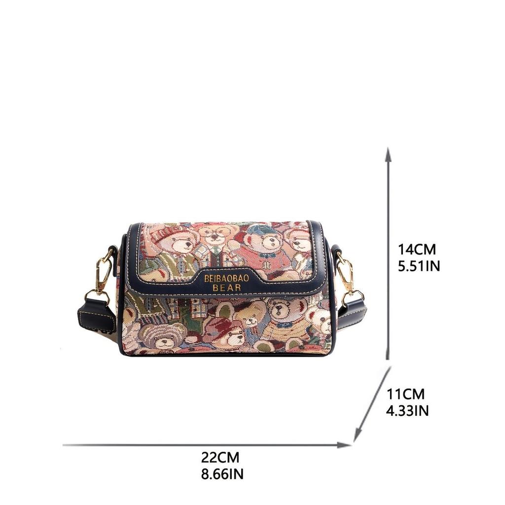 Small Bear Jacquard Shoulder Bag, Cartoon Flap Cylinder Purse, Women's Wide Strap Crossbody Bag (8.66*5.51*4.33) Inch