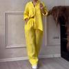 2024 Women's Solid Color Long-Sleeve Shirt & Wide-Leg Pants Set