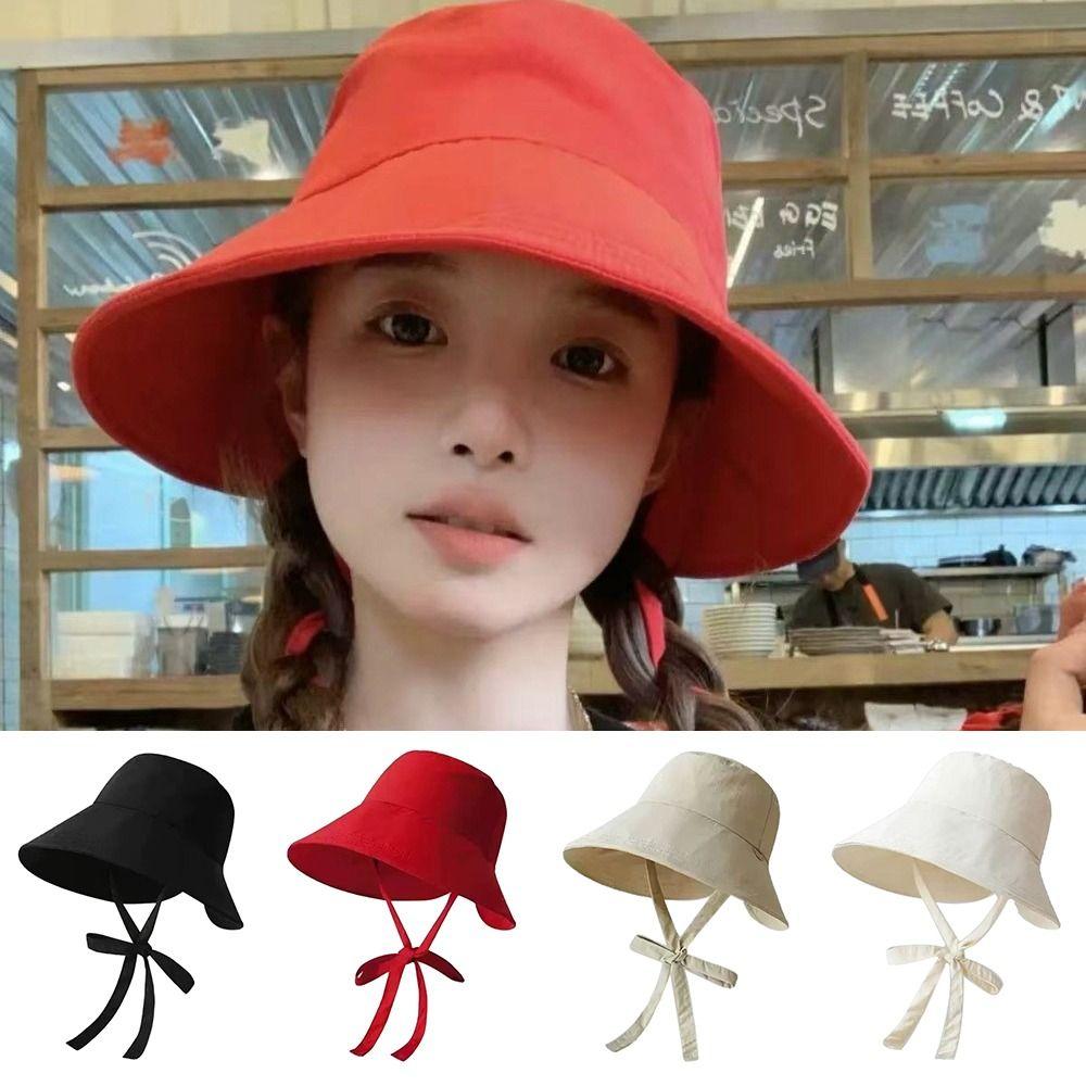 Casual Lace-up Fisherman Hat Windbreak Solid Color Sunshade Hat Lightweight Basin Hat Women