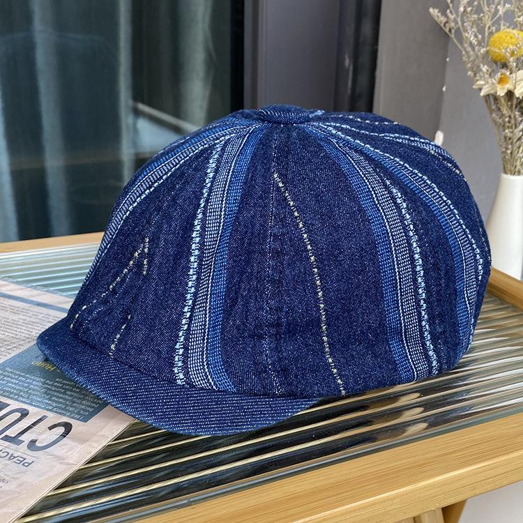 Denim beret men and women retro old denim octagonal hat versatile face small forward hat tide