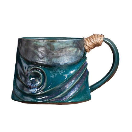 Handgjord Keramisk Mugg 320ml Vintage Te Kaffekopp med Rottinghandtag Kreativ Spiraldesign Gradientglasyr Drickvaror Heminredning Gåvor