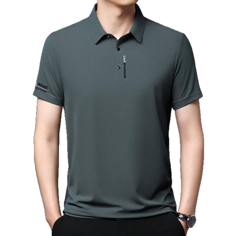 Ice Silk Short Sleeve Men'S T-Shirt Lapel Business Versatile Cool Sense Fashion Trend Printed Casual Men'S T-Shirt