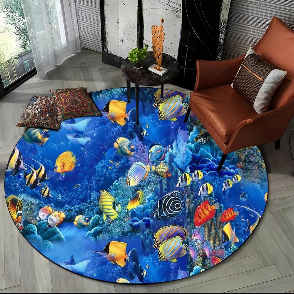 Monde sous-marin Fond marin Poissons Dauphin Dessin animé Tapis rond pour salon chambre enfants Décoration, Tapis de sol antidérapant pour zone animaux de compagnie