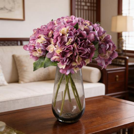 Fleur Artificielle Bouquet d'Hortensias Réaliste en Soie avec Tiges Flexibles Transitions de Couleurs Réalistes Pétales Souples Pliables Fausse Fleur Décoration Maison Mariage