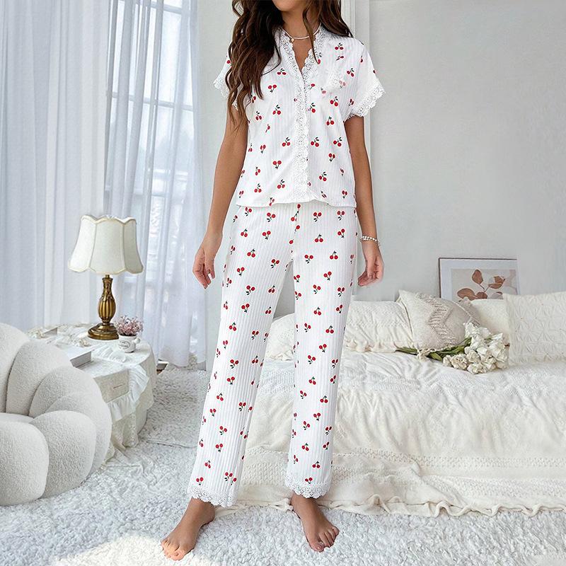 Lace Trim Women Pajama Set Short Sleeve Front Button Top & Full-Length Pants Cherry Print 2 Pieces Sleepwear Nightwear Homewear