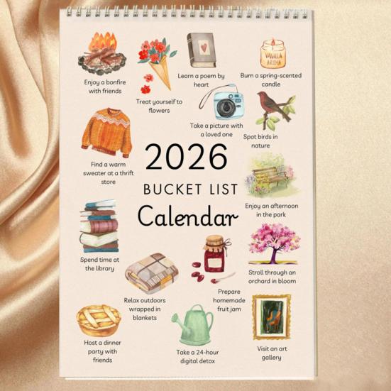 2026 Bucket List Calendar 12 Monthly Bucket List Wall Calendar Spiral Bound Art Planner Notebook with Illustrated Pages Gift for Friends
