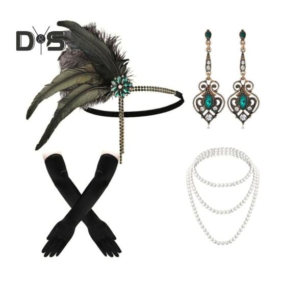 Ensemble de bijoux des années 1920, serre-tête, gants, boucles d'oreilles, boucles d'oreilles scintillantes, couvre-chef avec paillettes, perles, accessoires de jeu de rôle