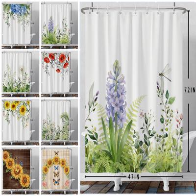 Modern Fresh Plant Shower Curtain Flowers Sunflower Hyacinth Shower Curtains Bathroom Decor Waterproof With 12 Hooks Curtains