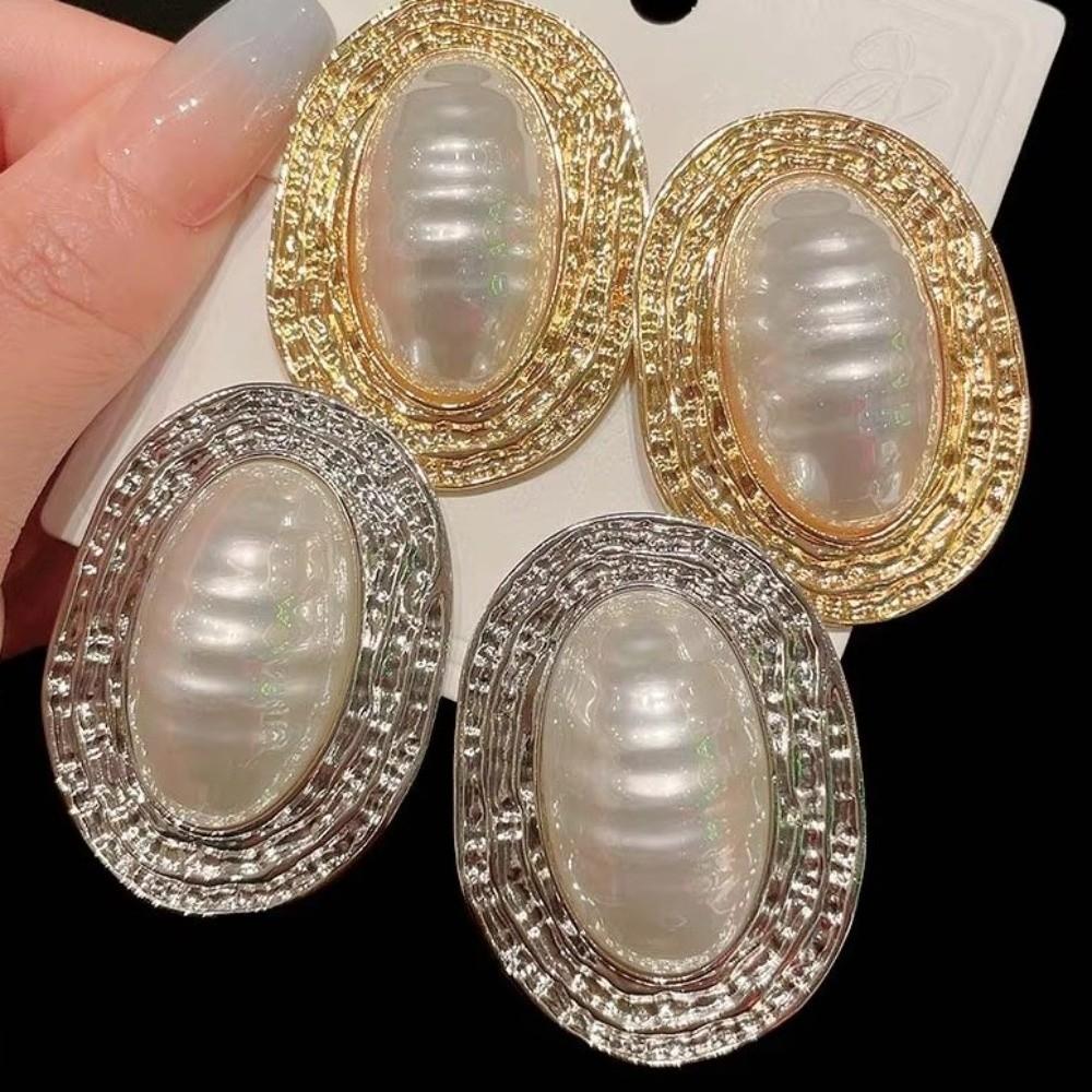 Vintage Large Stud Earrings Gold Geometric Exaggerated Earrings Oval Metal Pearl Earrings  Gift