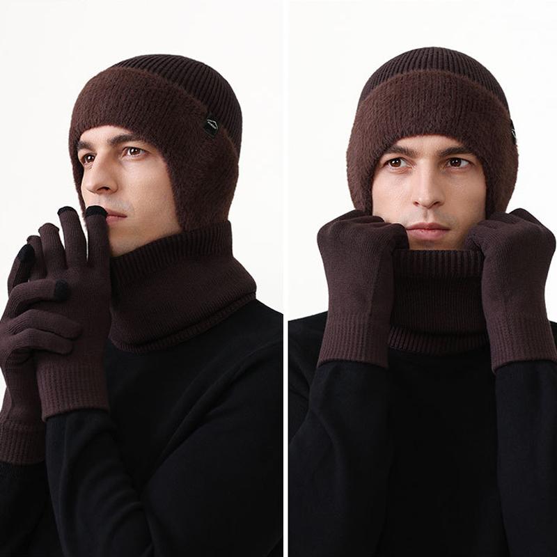 Wool Hat Men's Winter Outdoor Warm Hat Scarf Gloves Suit High Elastic Knitted Hat