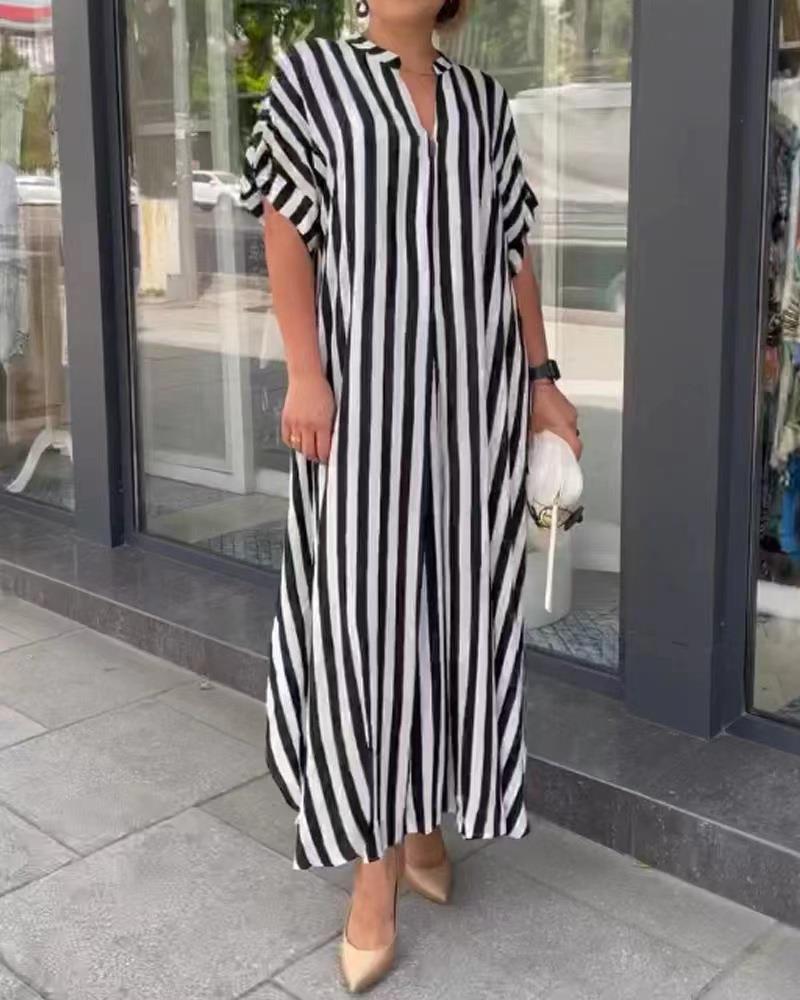 New European and American Cross-border Women's Clothing Amazon Independent Station Fashion Side Split Stripe Loose Casual Short-sleeved Dress