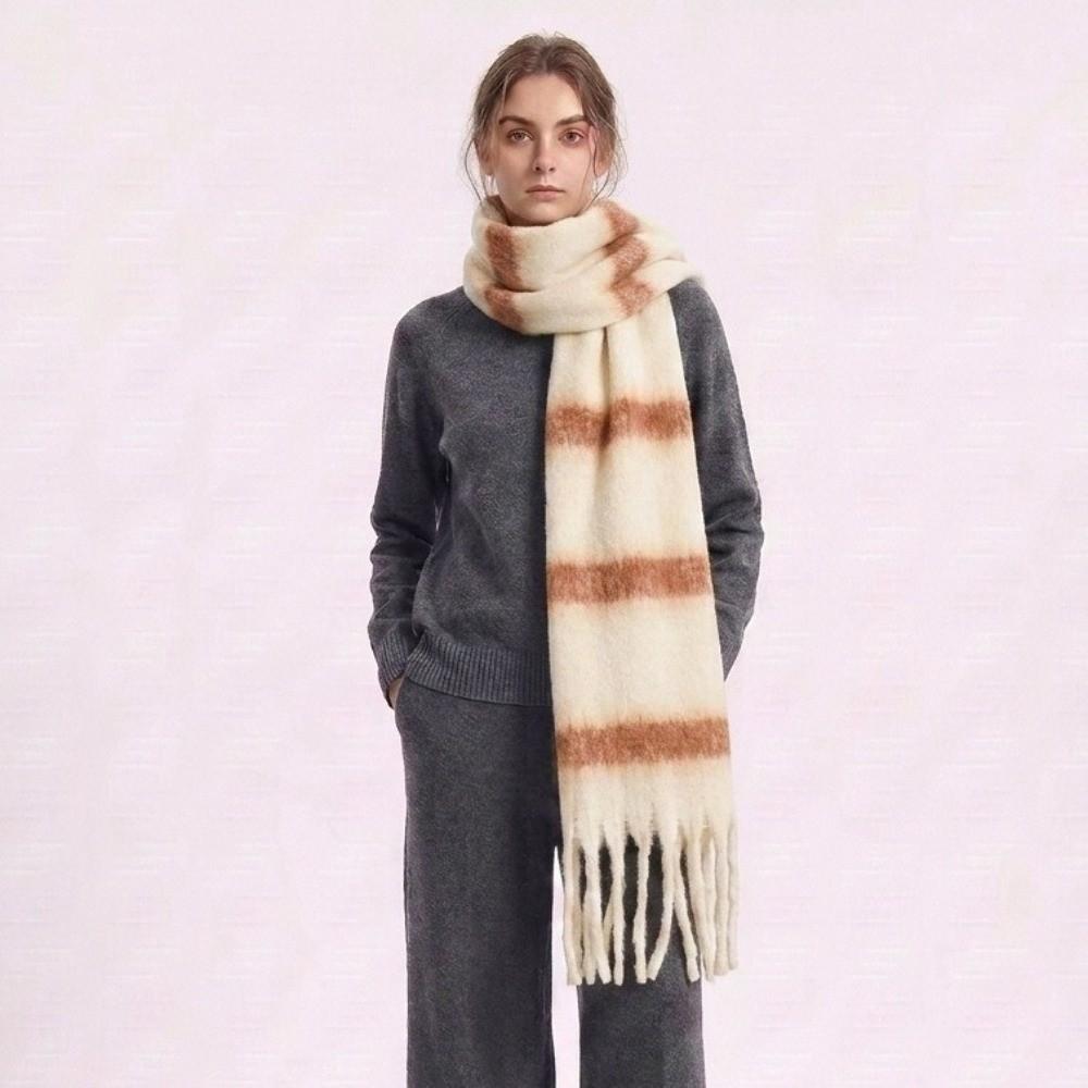 Long Stripe Wool Scarf Plush Women Cape Elegant Warm Wraps Autumn