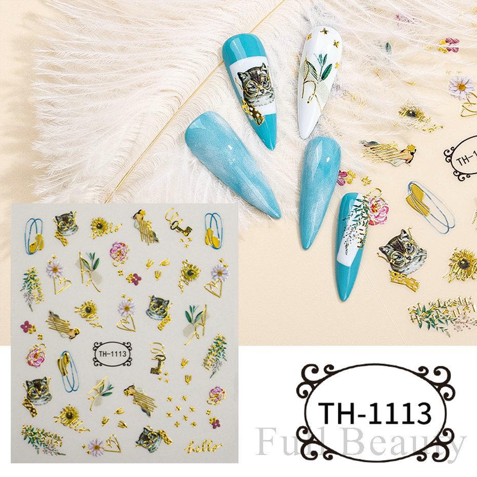 Autocollant 3D pour ongles, ligne ondulée dorée, marbre, géométrie bleue, fleurs abstraites, décalcomanies pour Nail Art, feuilles de décoration de manucure