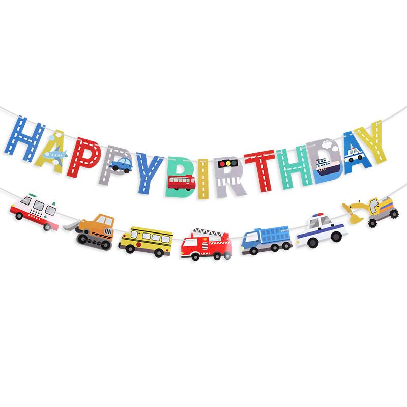 Cartoon Car Happy Birthday Banner Construction Vehicle Garland Kids Boy Birthday Party Decoration Favors Baby Shower Supplies