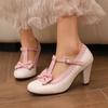 Scarpe da Donna Lolita Mary Janes con Tacco Spesso Rotonde Fibbia Fiocco Legaccio Kawaii Moda Ladies Cosplay Scarpe Primavera Autunno 46
