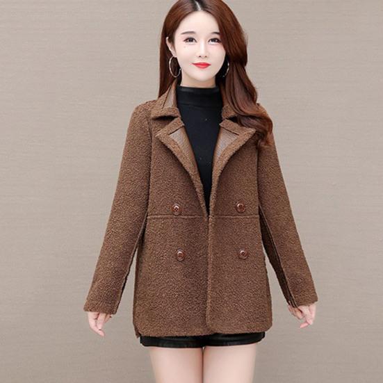 Autumn Winter Women Jacket Thickened Fleece Faux Leather Patchwork Dual-sided Mid Length Plus Size Pockets Double-breasted Notch Collar Overcoat