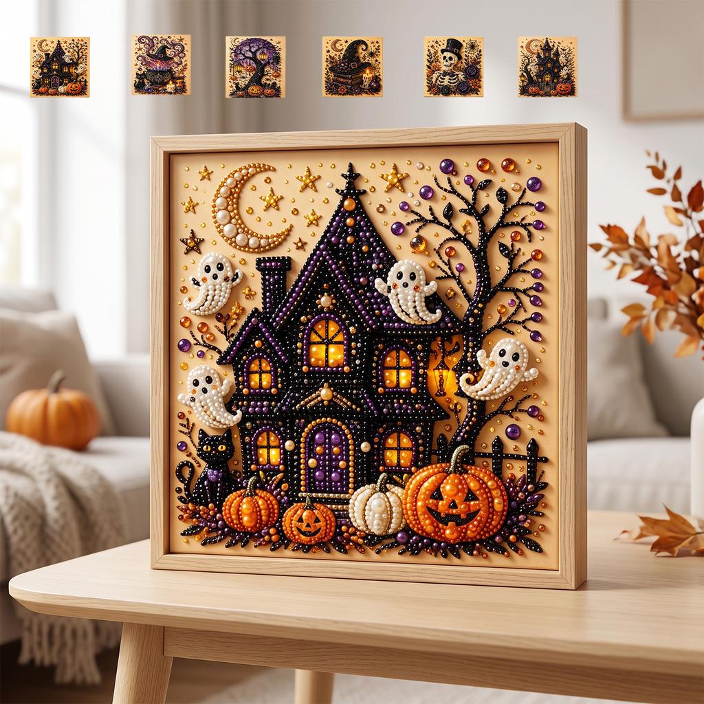 Halloweenowy zestaw do tworzenia obrazków z pereł Scena z dynią, duchem i zamkiem