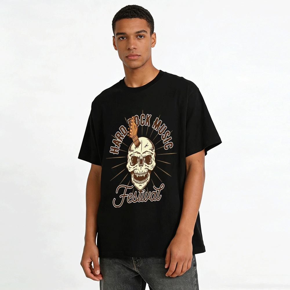 Hard Rock Music Festival Skull Guitar Print Vintage Rock Style T-Shirt Pure Cotton T-shirt