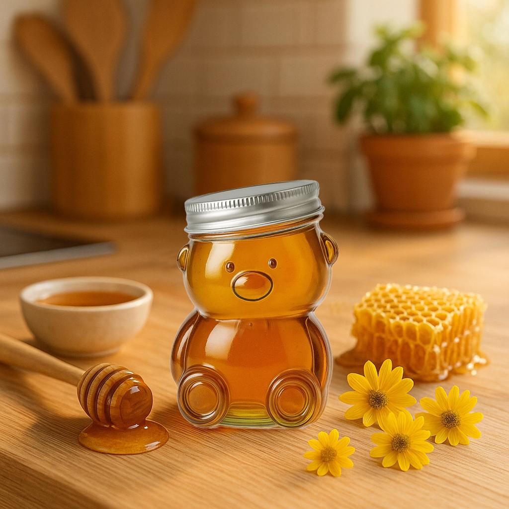 BARATTOLO DI VETRO 300ml ORSETTO con Coperchio per Miele, Marmellata, Spezie, Barattolo Regalo