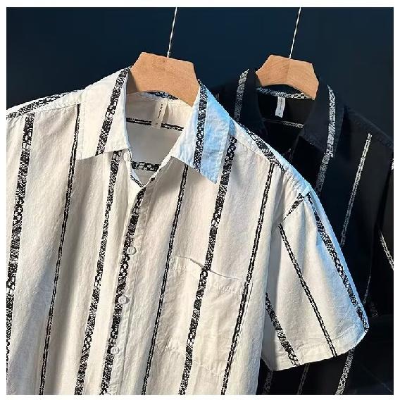 Spring Summer Men's Striped Top Cool Breathable Business Commuter Turn-down Collar Short Sleeve Shirt