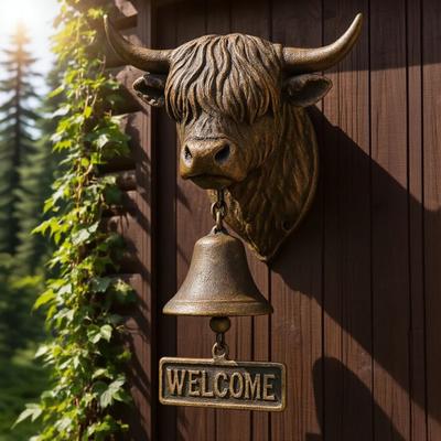 Highland Cow Head Doorbell with Welcome Sign Rustic Wall Mounted Resin Cow Hanging Bell Decor for Farmhouse Porch Entryway Kitchen