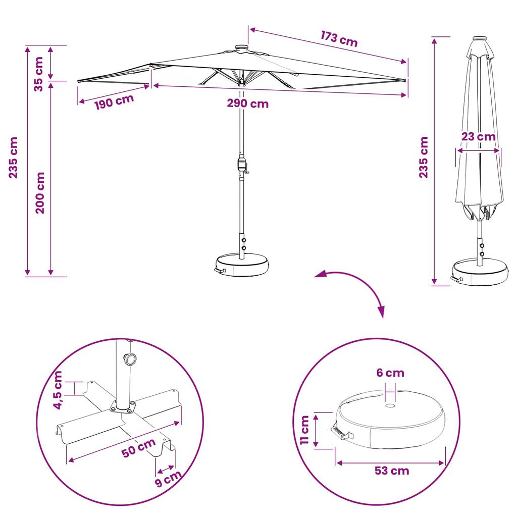 Garden Umbrella with LED Lights and Base 200 X 300 Cm