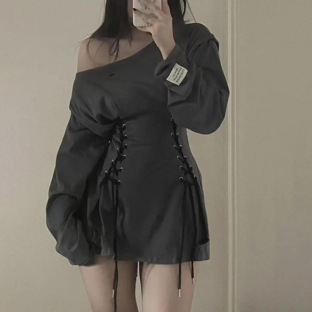 Kawaii Bandage Bodycon Dresses Spring Autumn Corset Dress Long Sleeve Women Aesthetic Y2k Fairy Goth Clothes