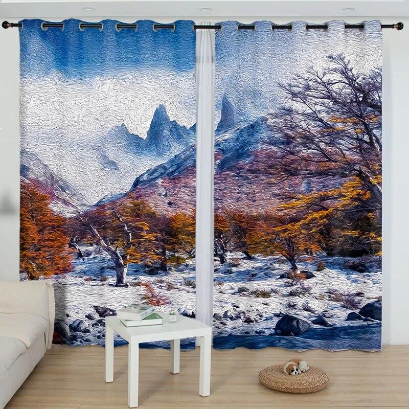Custom 3D Printed Natural Romantic Scenery Curtains,Snow Mountain Lake Pattern Window Curtain For Bedroom Living Room Balcony