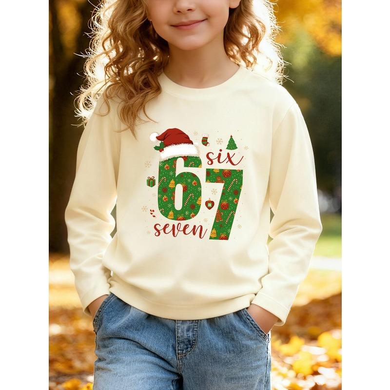 Unisex Kids White Long Sleeve Tee For 4-12 Boys Girls Christmas Green Gingerbread Candy Cane Fill Number 67 Santa Hat Script Snowflake Print Soft
