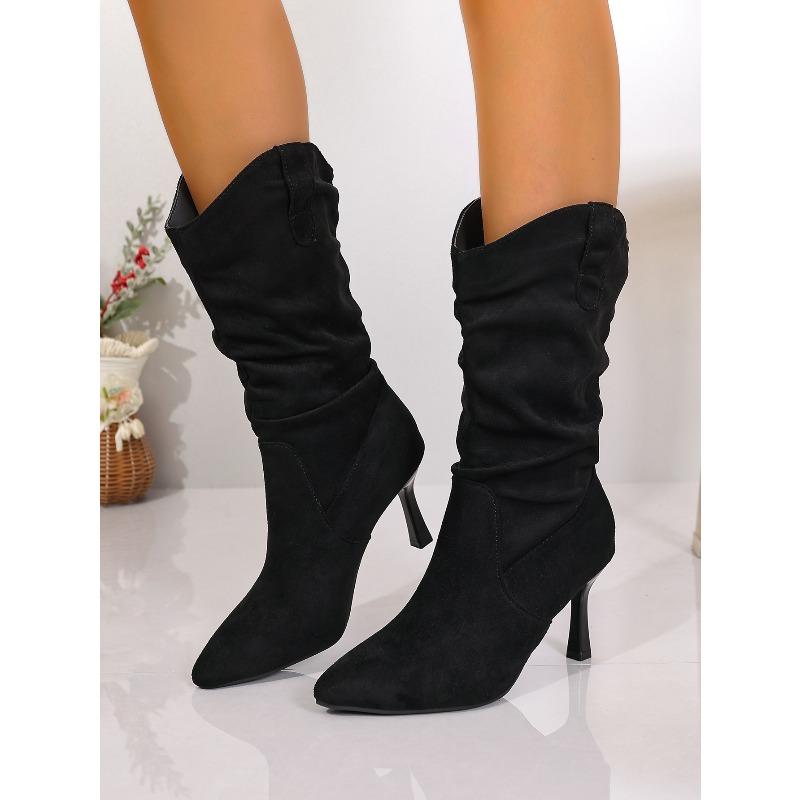 Übergröße Spitzschuh High Heel Mode Stiefel 2025 Winter Neu Plissierte Mid-Calf Stiefel für Damen