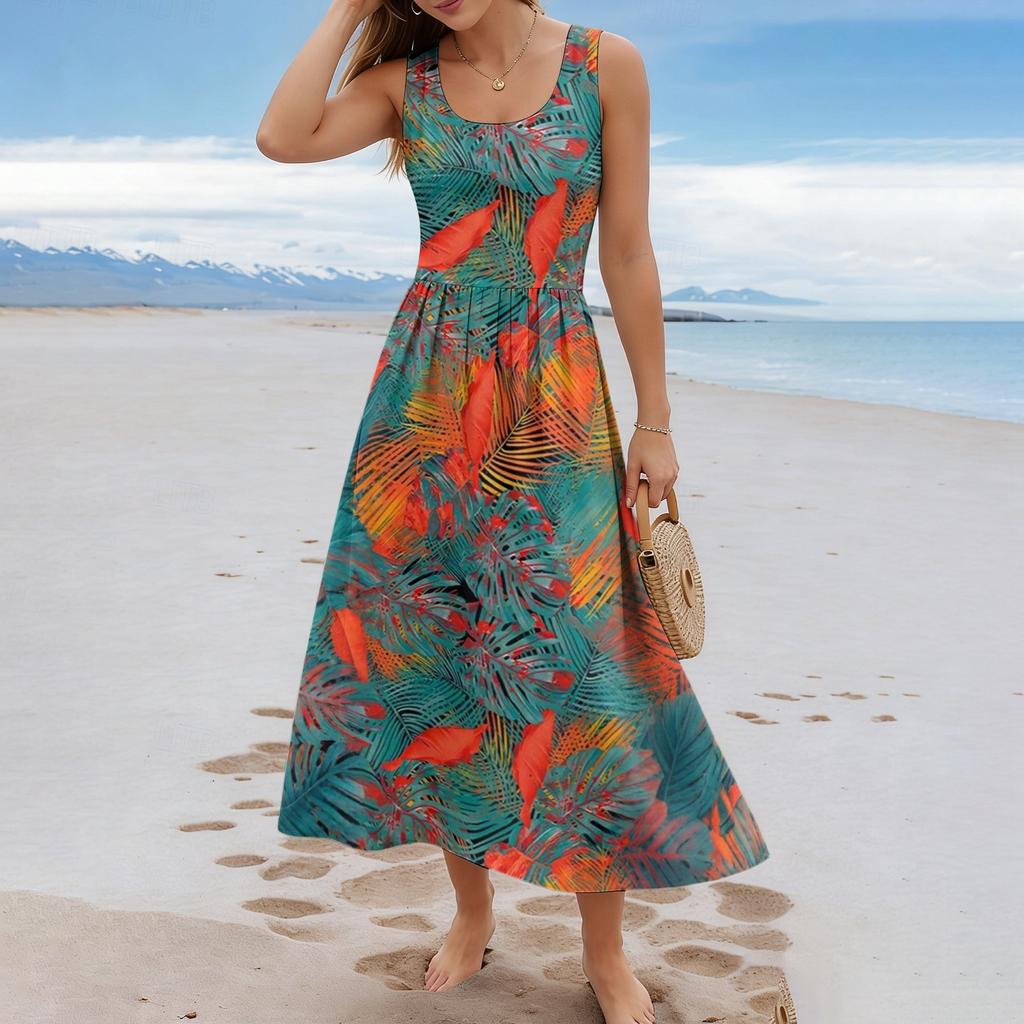 Sleeveless Floral Print Midi Dress with Scoop Neck and A Line for Women Casual Summer Wear