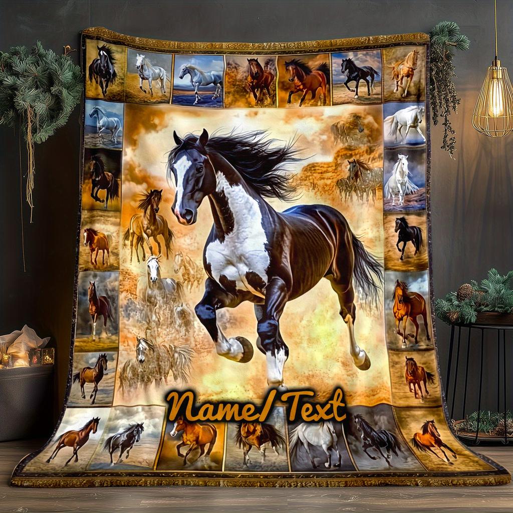 Horse Blanket Soft Flannel Throw with Majestic Black & White Horse Design, Lightweight & Warm for Home, Travel